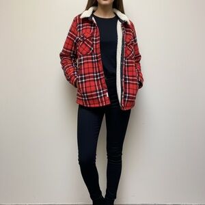 Soho Threads Fleece and Sherpa Red Plaid Jacket Size Large
